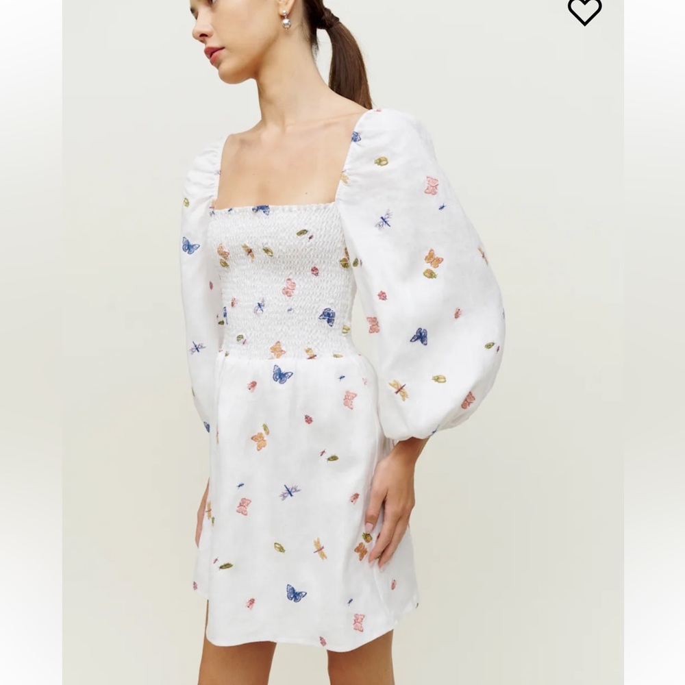 Reformation Greyson Linen Dress Ladybugs Lined Ruched NWT Size XL